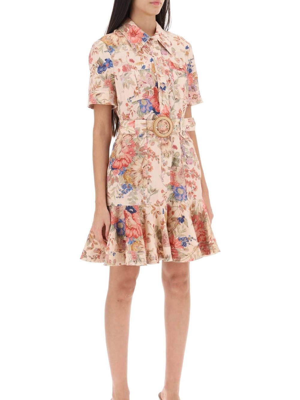 Zimmermann Blush Floral Belted Ruffle Hem Mini Dress